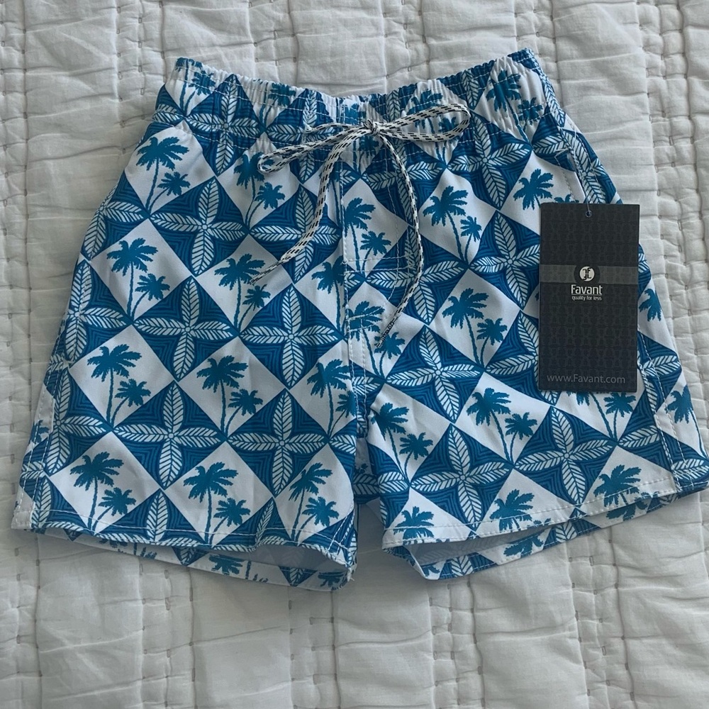 NWT Toddler Boy Blue & White Palm Tree Board Shorts with Small Blemish